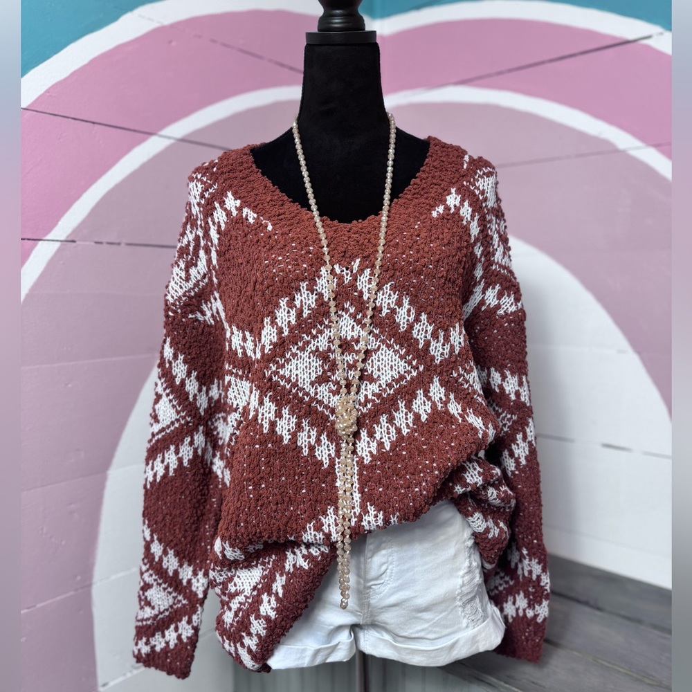 Boutique Brand Aztec Popcorn Knit V Neck Drop Shoulder Sweater 💗